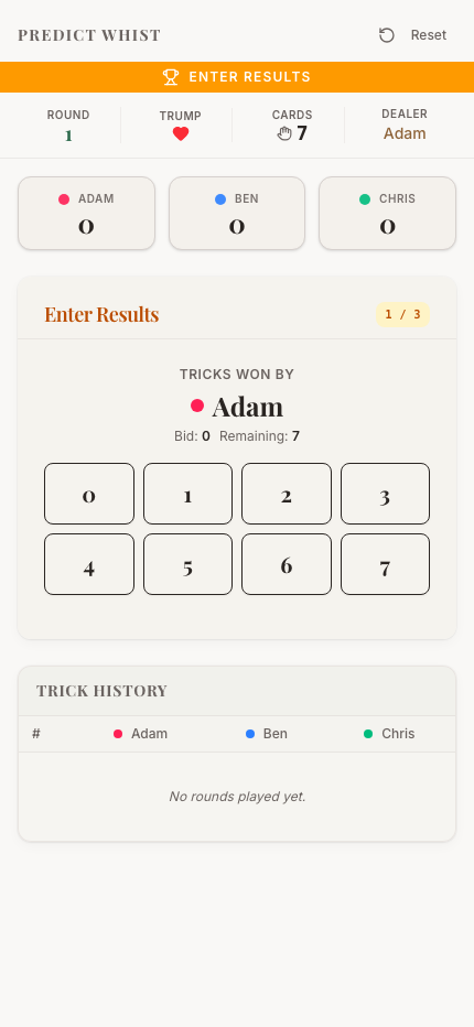 Whist Scorer scoring flow on a mobile viewport
